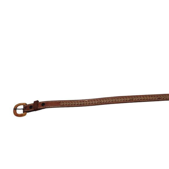 Vtg Handmade Cognac Braided Tooled Western Leather Belt 28\